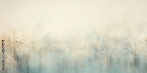 Misty mood in the winter forest. Gold, grey, brown beige, pale blue and green ink trees illustration. Romantic and mourning landscape for seasonal or condolence greetings. © Caphira Lescante
