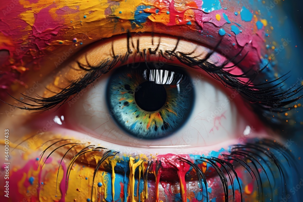 Human eye close up with colorful paint ink splashes