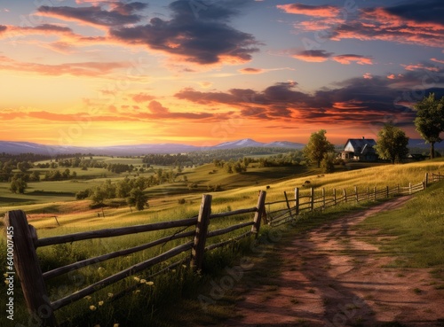 A rural landscape adorned with fields of verdant grass  harmonizing with the hues of a setting sun in the background.