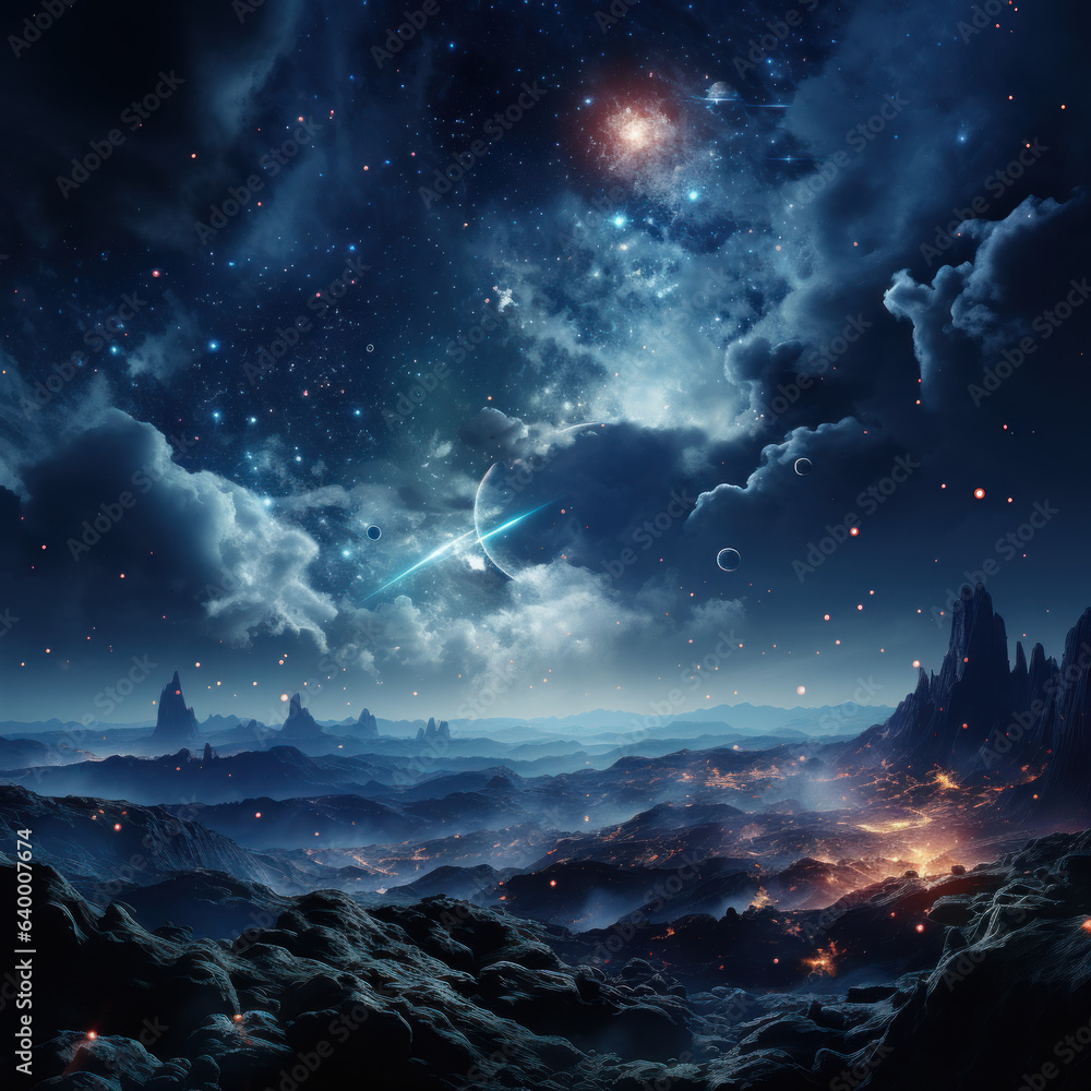 Fototapeta premium A starry black sky glowing blue clouds planets stars 