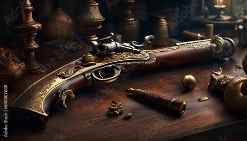 Old pirate flintlock pistol laying on a table photo