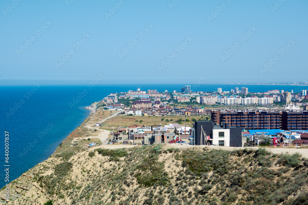 Beautiful view from the cape to the blue calm black sea. Anapa. Resort city.