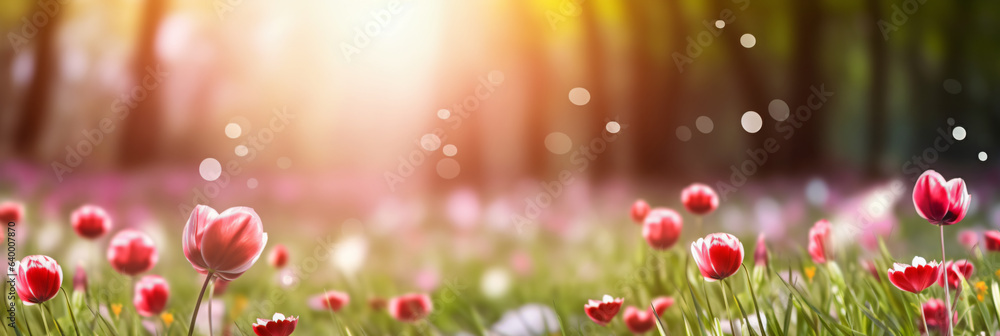 banner of a tulip flower meadow against bokeh background