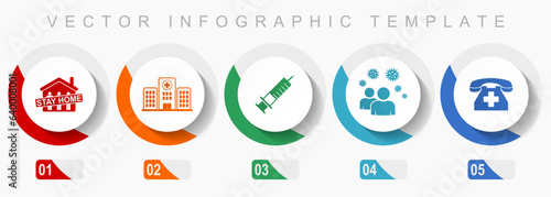 Health and medicine icon set, miscellaneous icons such as stay home, hospital, vaccine, people and emergency phone, flat design vector infographic template, web buttons in 5 color options