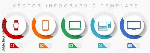 Electronic devices icon set, miscellaneous icons such as smartwatch, smartphone, laptop, computer and tv, flat design vector infographic template, web buttons in 5 color options