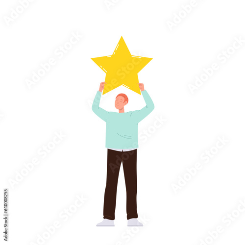 Man customer holding golden rating star overhead giving recommendation and best evaluation