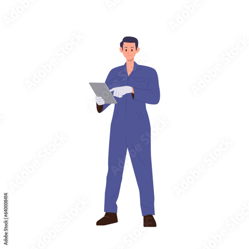 Auto mechanic cartoon character holding mobile tablet using maintenance digital app for diagnostics