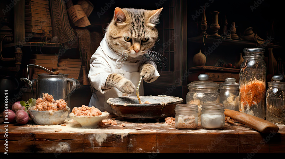 A cat cooking and making a mess A cat cooking and making a mess