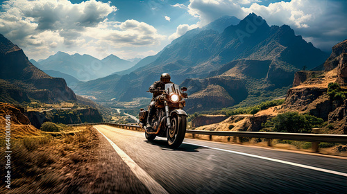 A lone motorcycle cruising on a beautiful mountain road