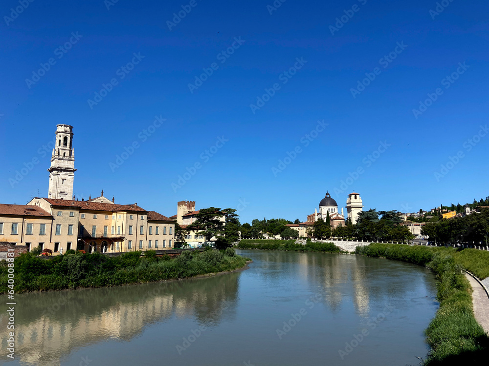 floating river Adige in Verona in Italy on a sunny day