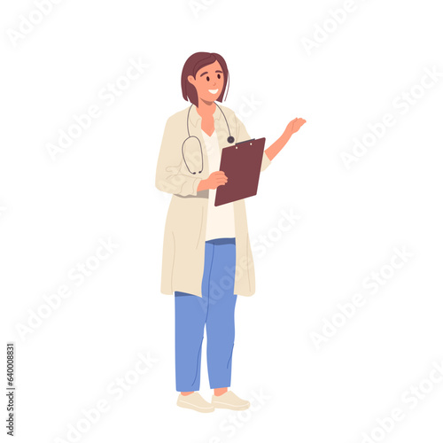 Friendly smiling woman doctor in uniform with stethoscope holding patient card clipboard on white