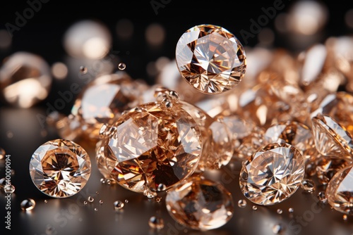 Faceted brown diamonds of different sizes fly in the air. Jewelry store banner. Generative ai