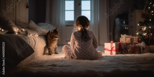 Little girl in pyjama  and her cat in the evening time , by  Christmas tree and presents 