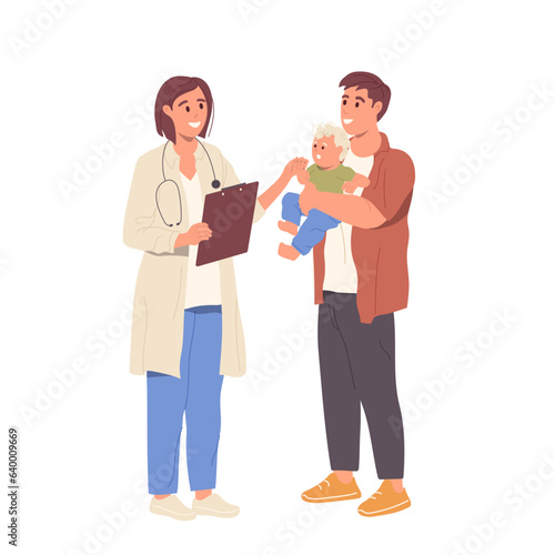 Young father carrying newborn baby visiting doctor pediatrician isolated on white background