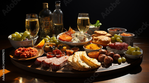 Delicious tapas, various snacks of various kinds accompanied by a glass of beer 