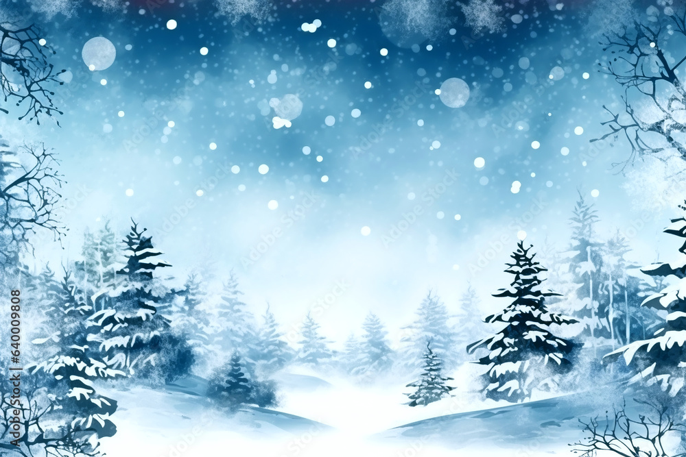 Christmas background with space for text in a watercolor drawing style. Snow-covered Christmas trees, snowflakes on a blue background. Template for inserting text, invitation, banner.