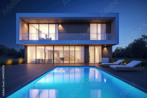 Modern house with swimming pool in modern design and night