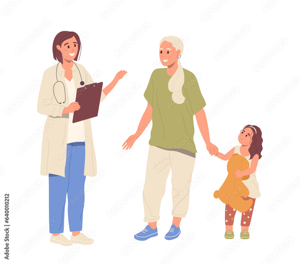 Young mother with toddler daughter talking to family doctor asking consultation isolated on white Young mother with toddler daughter talking to family doctor asking consultation isolated on white