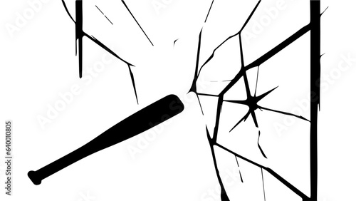 Vandalism, hooliganism. A baseball bat breaks a glass window, the window cracks. Street crime, aggression, damage, robbery. Vector. Silhouette. Black and white drawing
