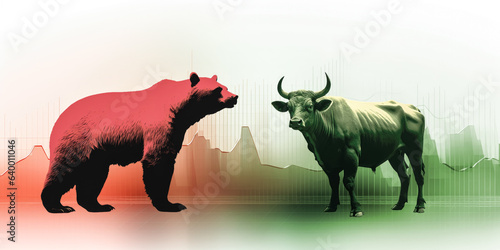 Uncertain sentiment on stock or cryptocurrency market - Bearish vs Bullish trend. Bear and Bull silhouettes against abstract background. Generative AI