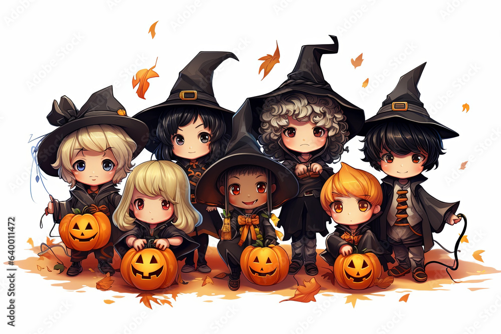 Cartoon cute children in costumes Trick or Treating with jack o lantern on white background Cartoon cute children in costumes Trick or Treating with jack o lantern on white background