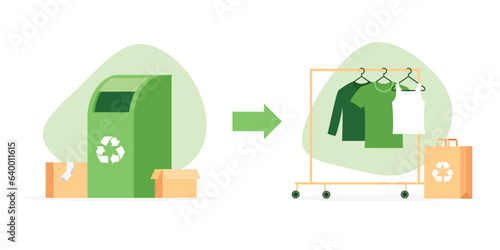 Process of recycle and reuse textile. Sustainable, slow and eco friendly fashion. Recycling container and clothes store. Vector illustration.