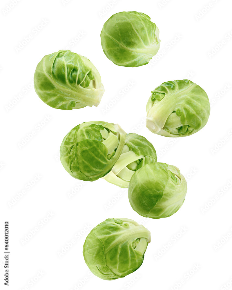 Falling Brussel sprout isolated on white background, full depth of field Falling Brussel sprout isolated on white background, full depth of field