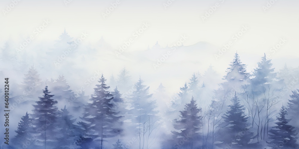 Misty mood in the winter forest. Gold, grey, violet, mauve, pale blue ink trees illustration. Romantic and mourning landscape for seasonal or condolence greetings.