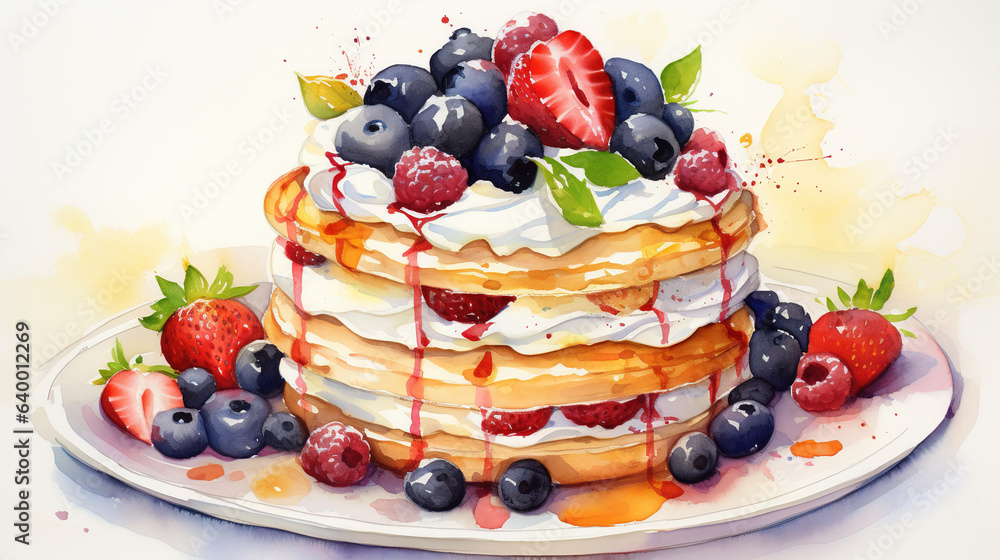 pancakes with berries ,watercolor illustration