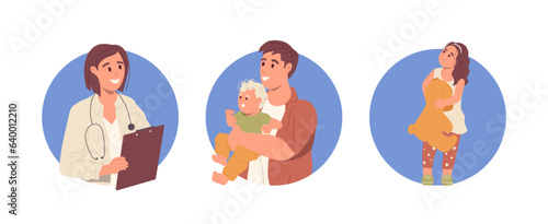 Isolated set of round composition with familt doctor, parent carrying baby and little girl kid