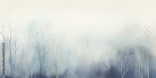 Misty mood in the winter forest. Gold, grey, violet, mauve, pale blue ink trees illustration. Romantic and mourning landscape for seasonal or condolence greetings.