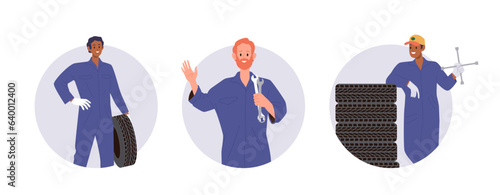 Isolated round composition set of auto mechanic character holding work tools and car tire equipment