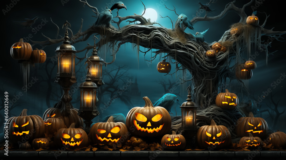 Fototapeta premium Halloween background of Halloween pumpkins with cut out faces. Glow and spooky tree. Moon and fog