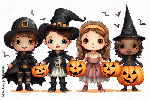 Cartoon cute children in costumes Trick or Treating with jack o lantern on white background