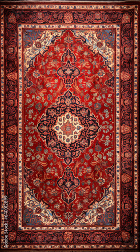 Persian carpet in red color with antique pattern on the floor top view
