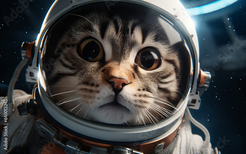 Cat astronaut in a spacesuit in outer space travels across the expanses of the universe