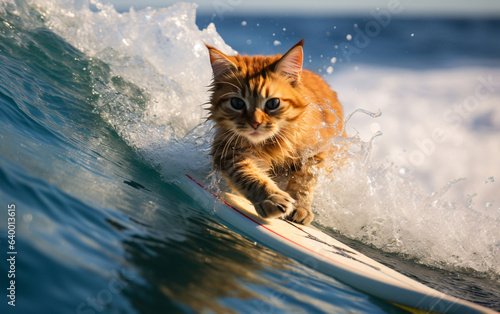 Cat surfer catches a wave in the ocean while surfing on a sunny day