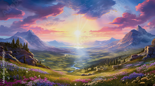generative ai fantasy illustration of a wonderful stunning mountain landscape with a purple flower field, sunset sky
