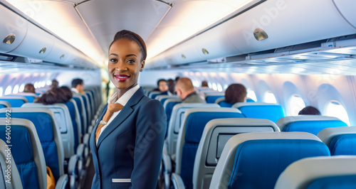 Print op canvas African American woman working as flight attendant