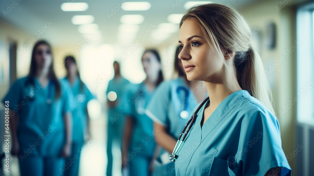 Team of beautiful female nurses or doctors in hospital or health clinic, professional photo for background banner or header Team of beautiful female nurses or doctors in hospital or health clinic, professional photo for background banner or header