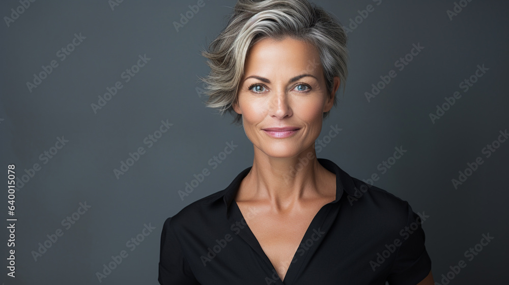 Middle aged female portrait photoshoot on studio background, banner or header, for skin care or anti aging beauty product Middle aged female portrait photoshoot on studio background, banner or header, for skin care or anti aging beauty product