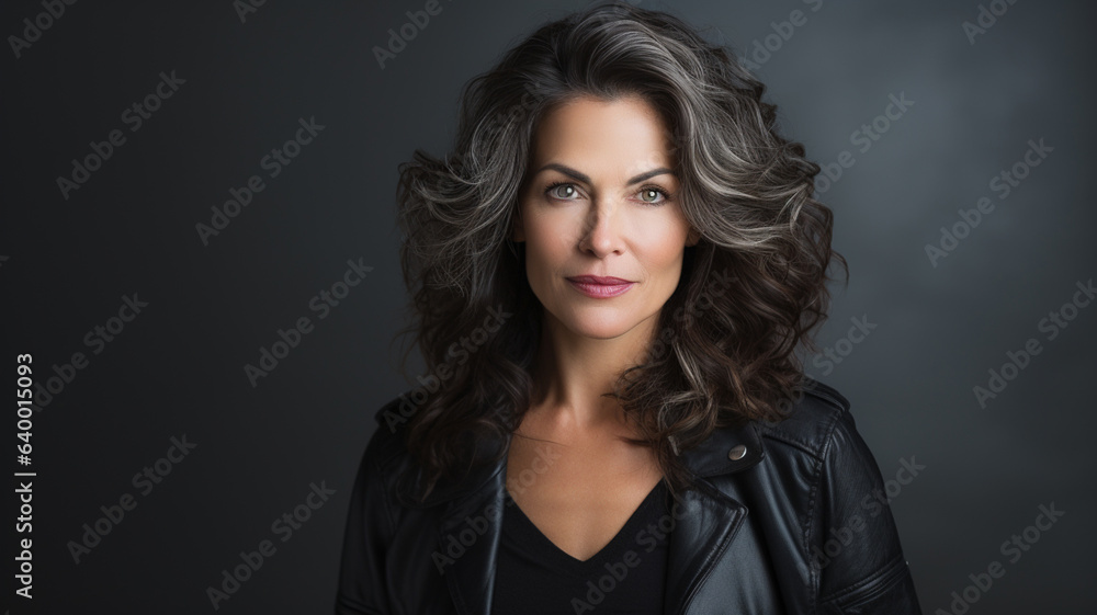 Middle aged female portrait photoshoot on studio background, banner or header, for skin care or anti aging beauty product