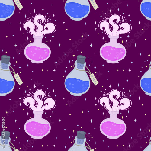 Seamless pattern with magic potion and bottled elixirs on a purple background  Halloween pattern. Vector illustration. Halloween template  banner design  wrapping paper  packaging  web.