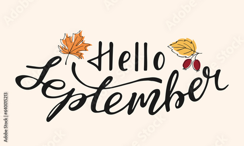 Hello september handwritten lettering text. Fall composition with hand drawn black inscription and linear leaves. Seasonal background with inspiration phrase