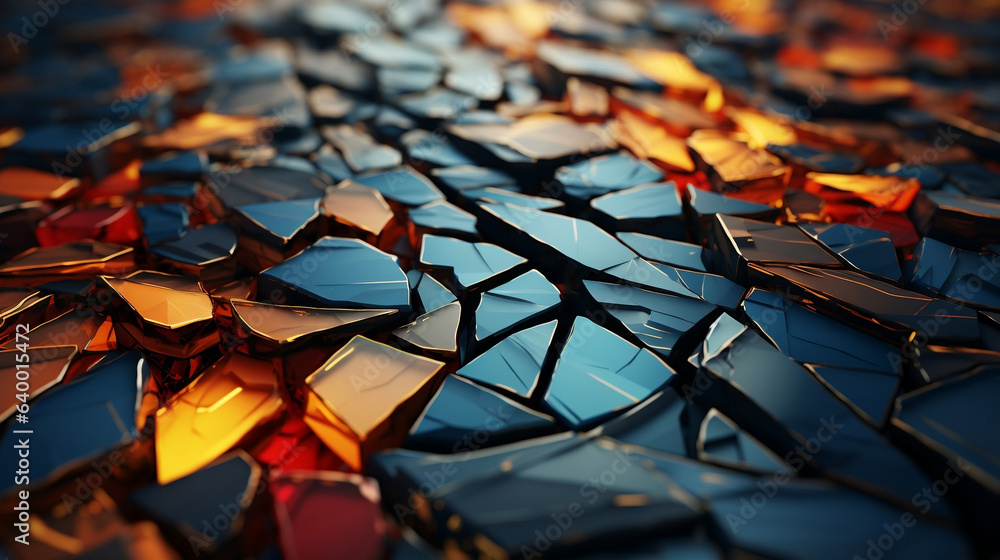 Futuristic Golden light, lava, crystal with geometric shapes. Abstract modern background