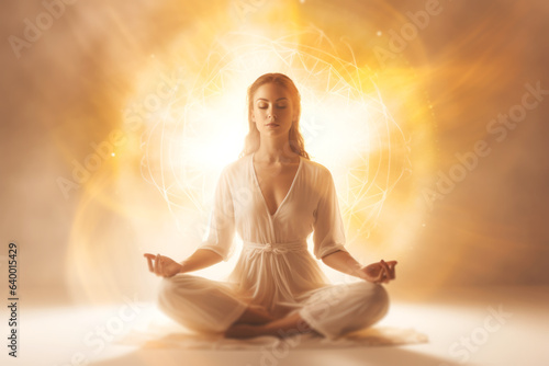 Woman in Lotus Position Surrounded by Magic Lights. Abstract Positive Energy Background photo