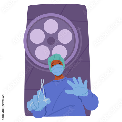 Focused Surgeon Character In Lab Coat Maneuvering With Instruments, Illuminating The Surgical Field, Vector Illustration