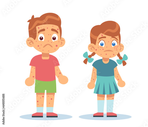 Boy and girl with skin problems, with rashes all over their bodies. Chickenpox, measles and atopic dermatitis. Dermatology treatment. Cartoon flat isolated illustration. Vector medical concept