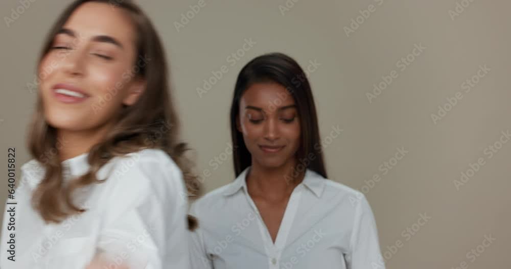 Diversity, fashion and group of women in studio for empowerment, wellness and community. Inclusion, friends and portrait of people walk in line for beauty, blow kiss and support on brown background Diversity, fashion and group of women in studio for empowerment, wellness and community. Inclusion, friends and portrait of people walk in line for beauty, blow kiss and support on brown background