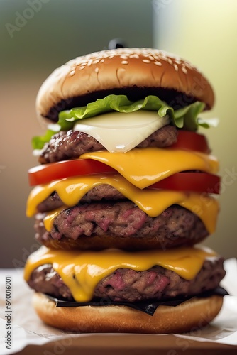 Cheeseburger with beef patty, cheese and pickles, Hamburger on wooden table with bokeh background, selective focus